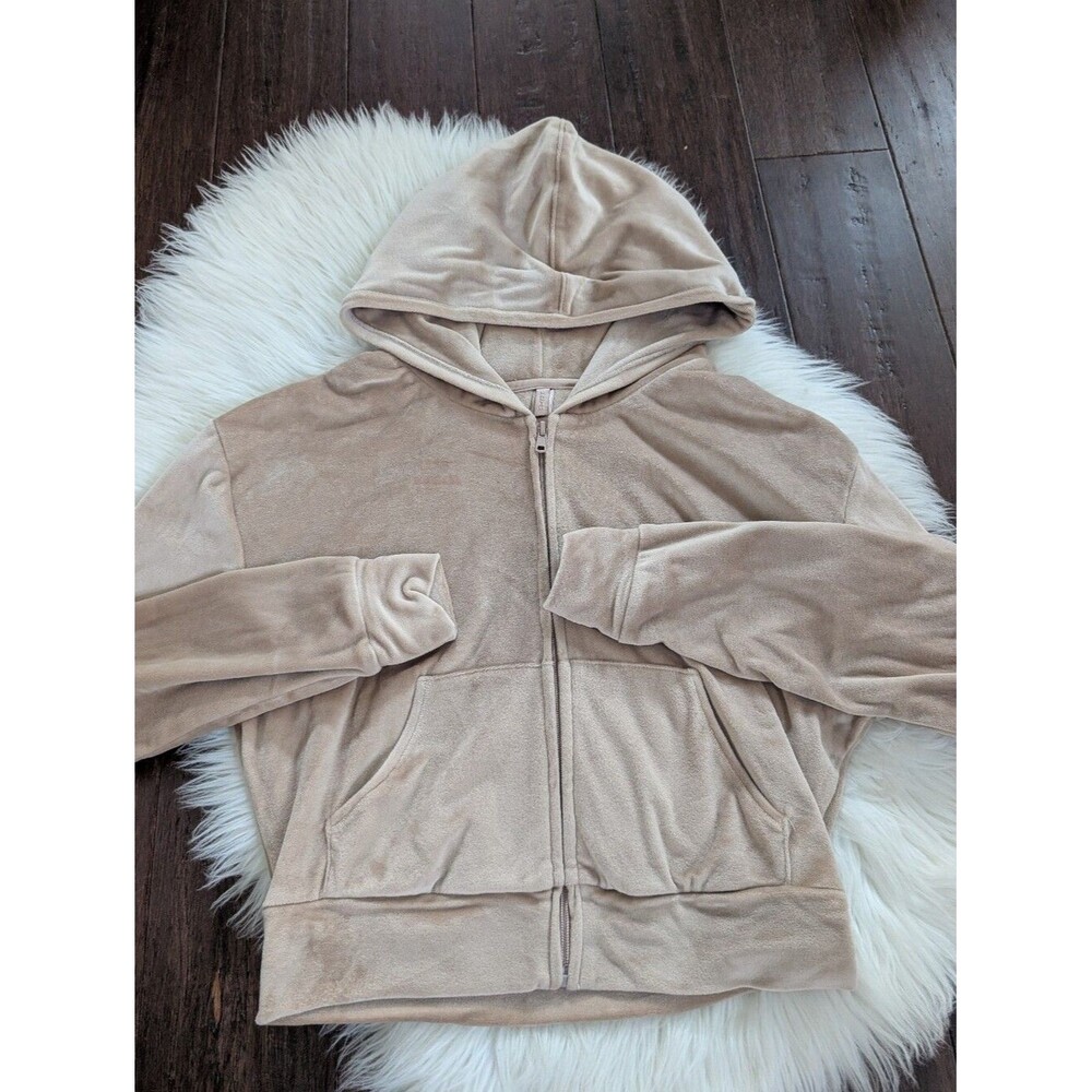 Skims Women's Velour Set Full Zip Up Crop Hoodie Velvet Tan Cozy S Small